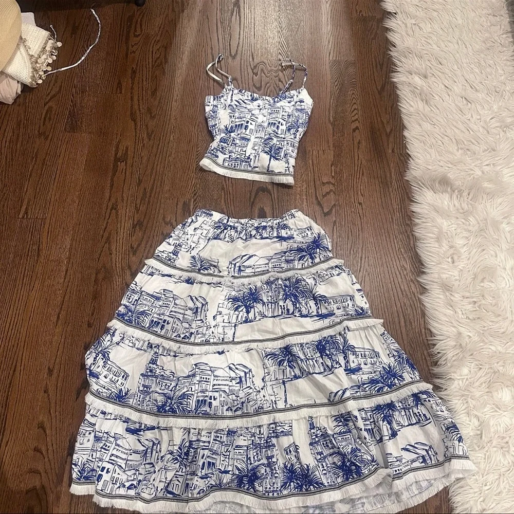 Aqua City Palm Toile Skirt Set